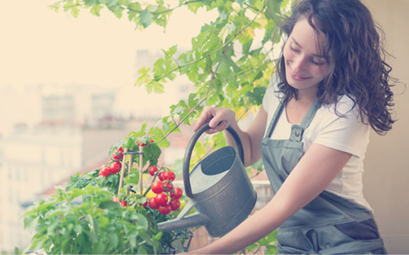 Mujer cuidando su huerta casera