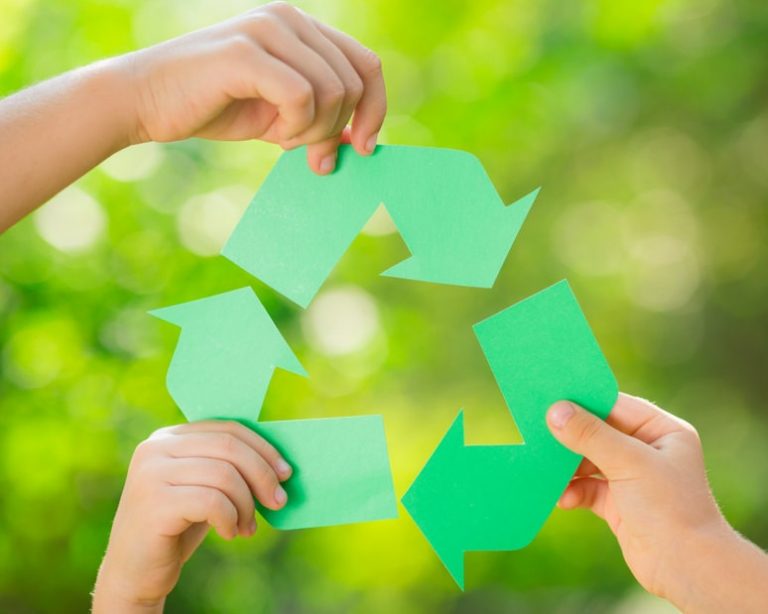Manos de niños sostienen papel reciclable