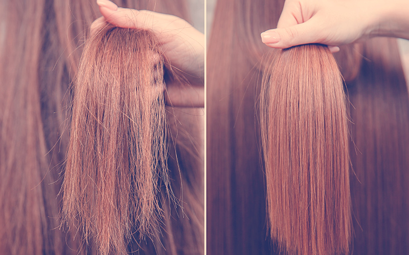 Queratina para el cabello enferma, cortada y saludable. Antes y después del tratamiento.