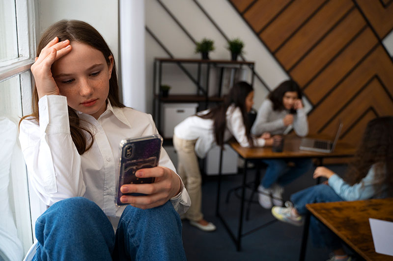 mujer en interaccion con su celular