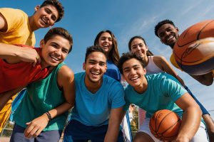 Grupo de jóvenes sonrientes al aire libre compartiendo un momento de actividad física y bienestar emocional con balones de baloncesto.