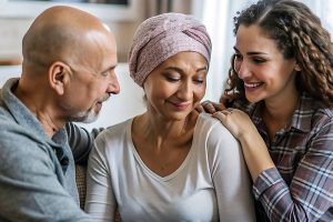 Familia brindando apoyo emocional y consejos sobre la prevención del cáncer y estilos de vida saludables.
