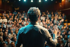 Hombre dando una conferencia frente a una audiencia numerosa en un auditorio, aplicando técnicas de oratoria para enfrentar el miedo a hablar en publico.