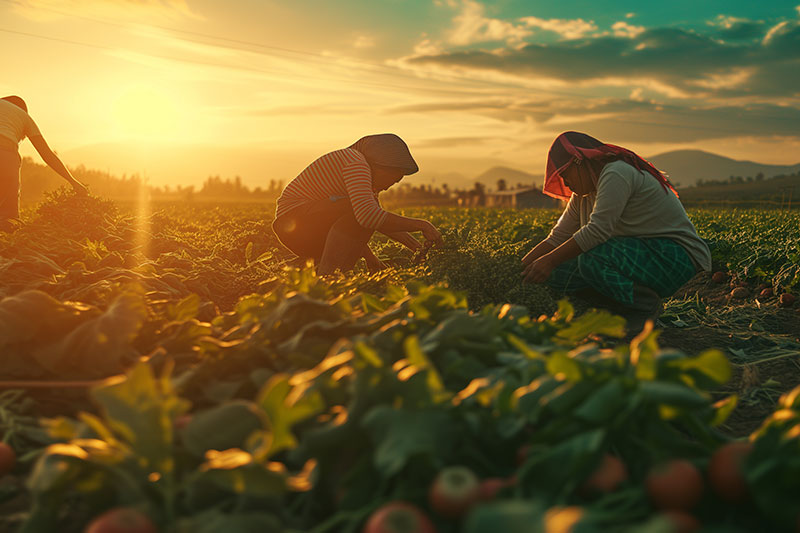 campesinos trabajando al final de la tarde