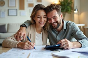 Esposos abrazados revisando sus finanzas en pareja