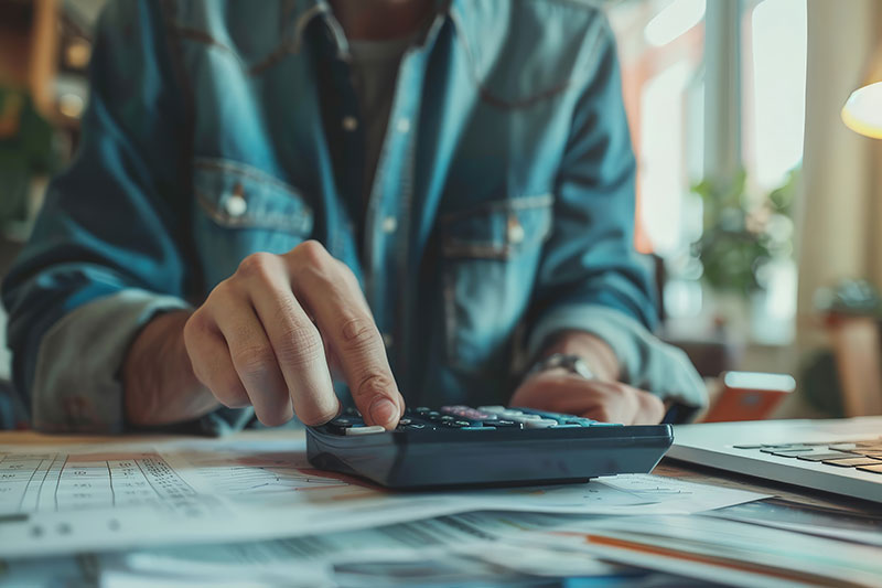 Hombre sentado usando una calculadora, preparando su declaración de renta 2026